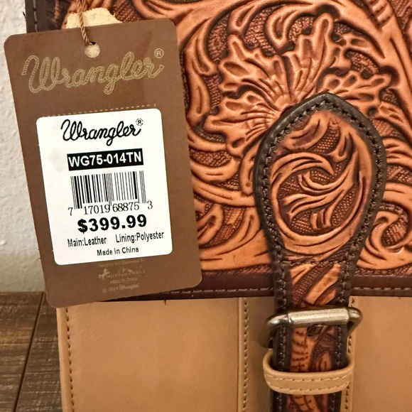 Wrangler Tan Genuine Leather Tooled Travel/Laptop/Messenger Bag *NEW in Package* - Picture 5 of 10
